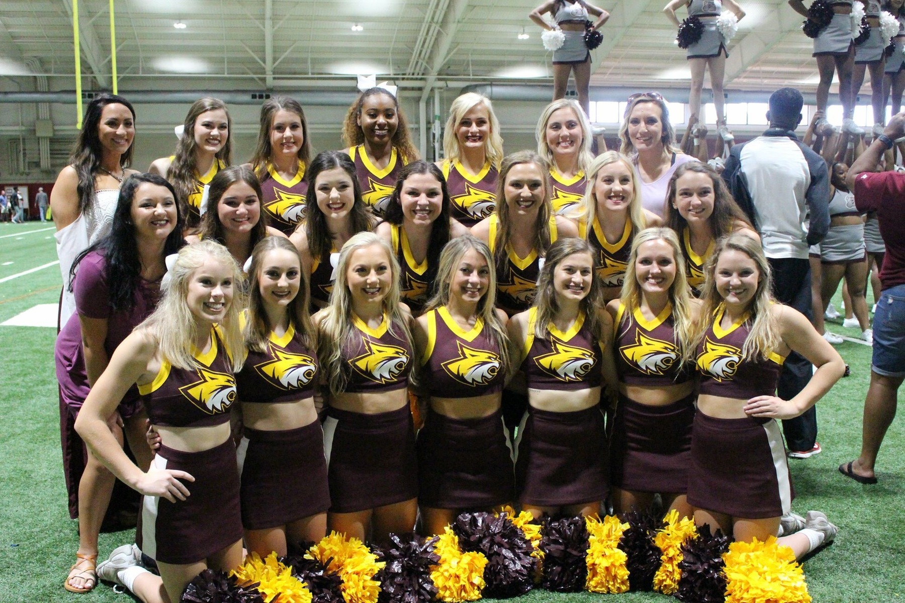 The Pearl River Community College cheerleaders recently competed at the UCA College Spirit Camp, hosted at the University of Alabama. The squad won All-Superior ribbons in each evaluation and placed third in its division. Mascot, W.C. Rivers, also picked up an All-Superior honor. (PRCC ATHLETICS)