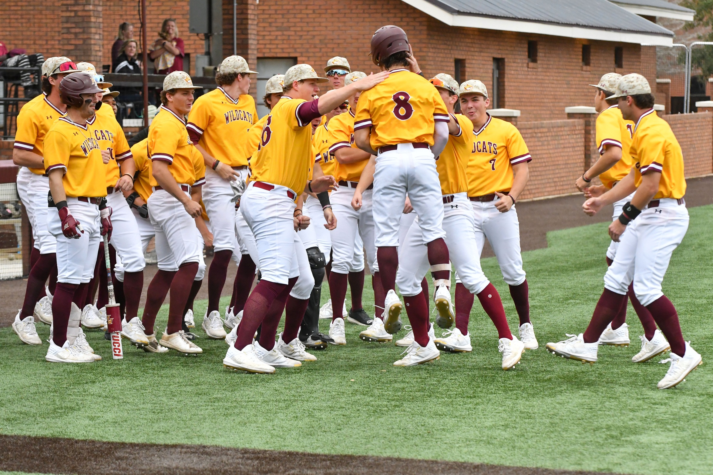 Parker Ryan (Madison; Jackson Academy) celebrates with his teammates after hitting his first Pearl River home run (Hannah Mills/PRCCAthletics).