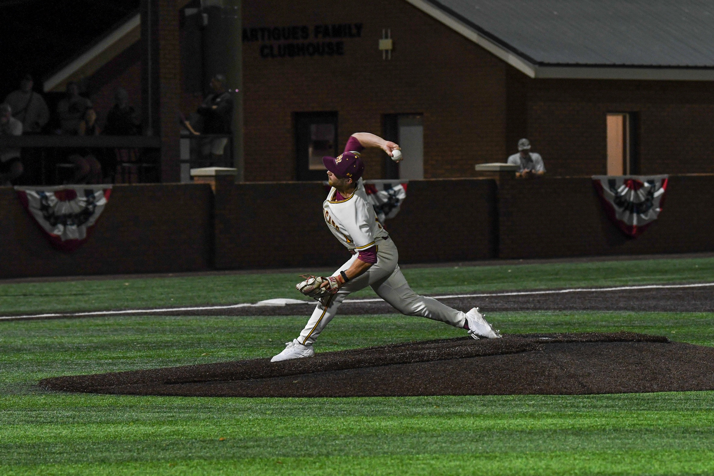 Memphis signee Carson Fair (Southaven) fires a pitch against Baton Rouge. (Grace Kesler)