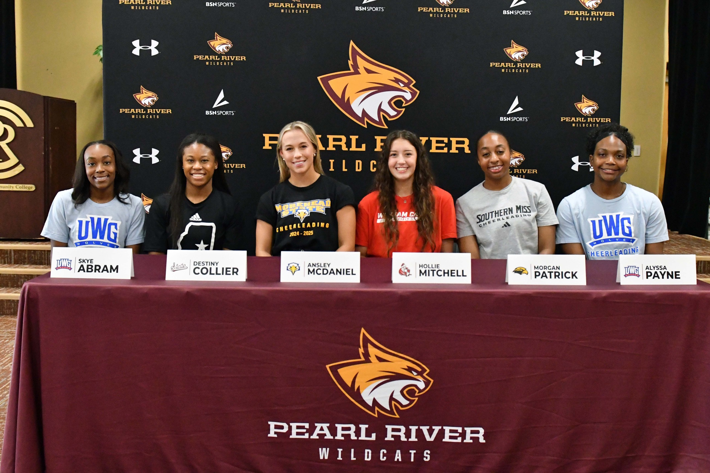 Pearl River cheerleaders signing with four-year institutions, from the left, Skye Abram (Columbia), Destiny Collier (Brandon), Ansley McDaniel (Oxford), Hollie Mitchell (Carriere; Pearl River Central), Morgan Patrick (Brandon) and Alyssa Payne (Magee).