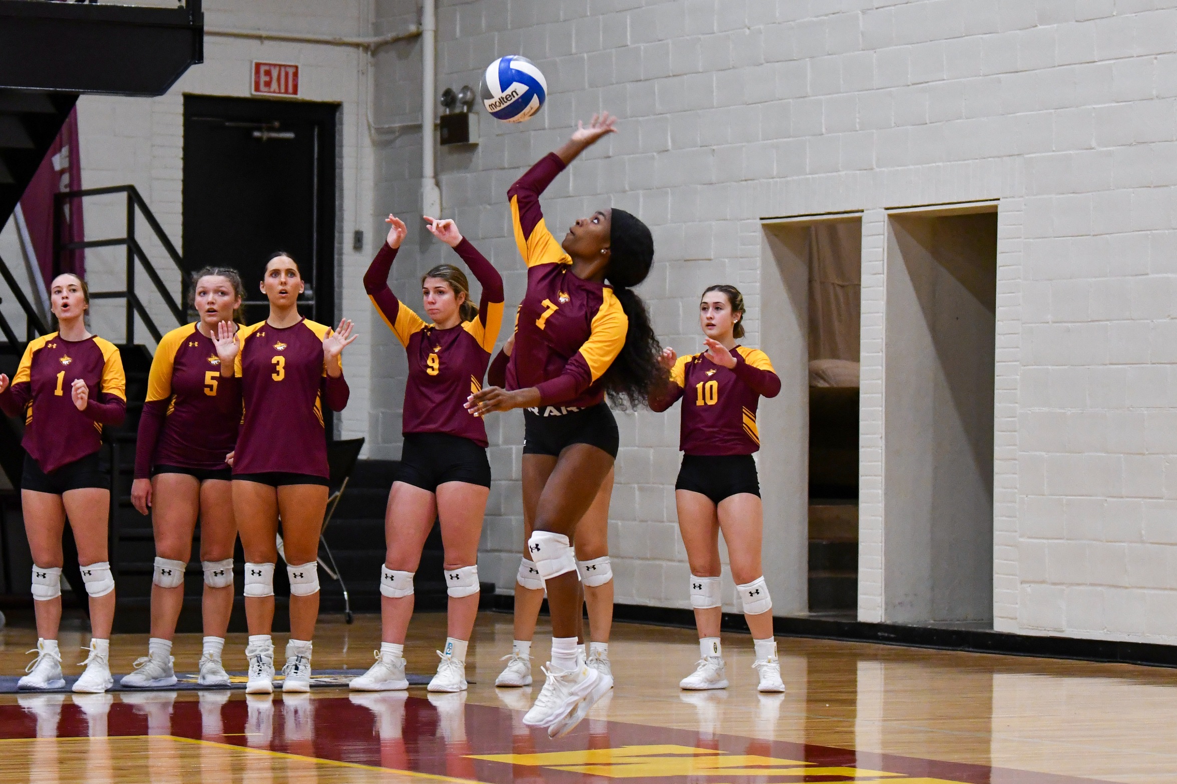 Lindsey Hall (Hattiesburg; Oak Grove) serves against Meridian (Hannah Mills/PRCCAthletics).